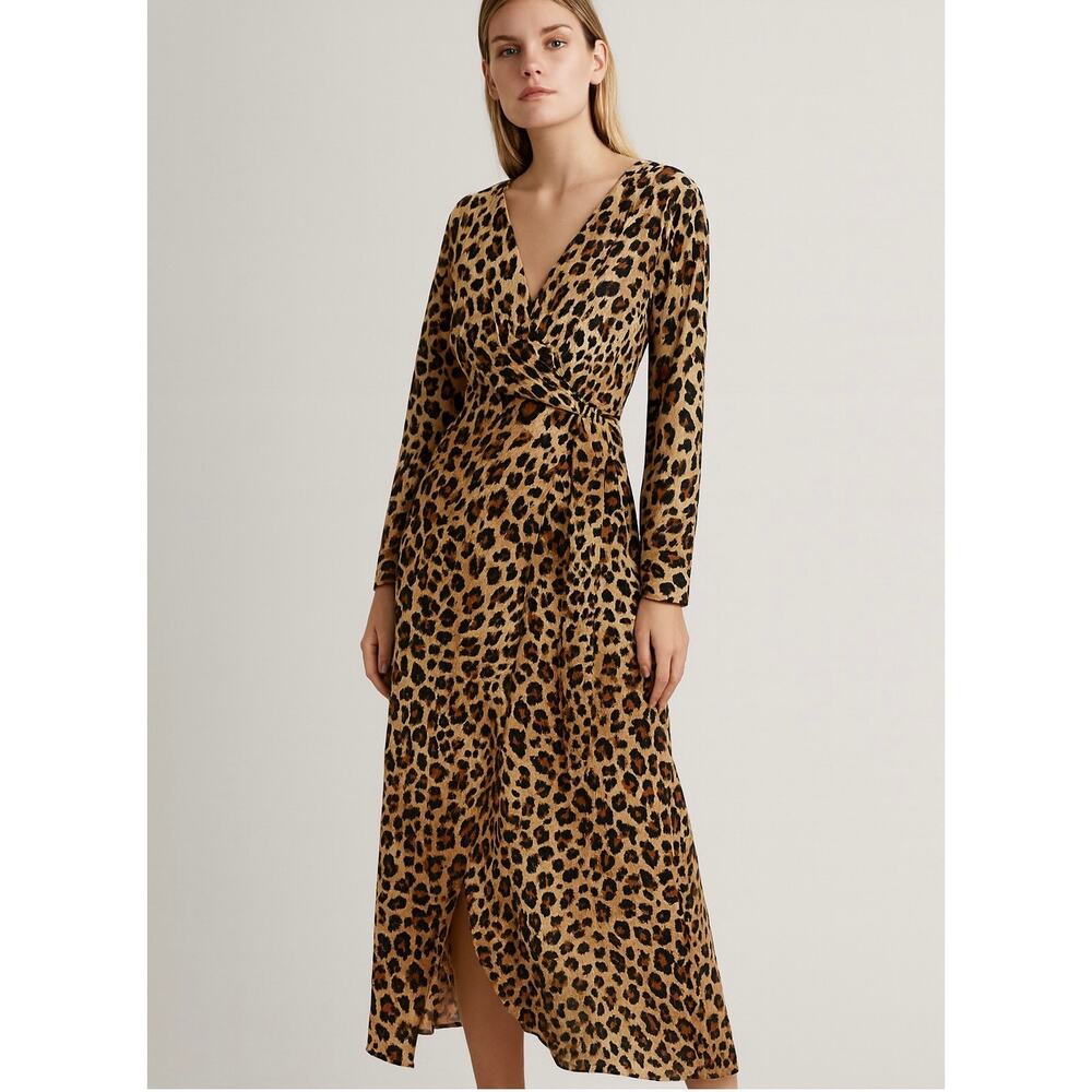 Zara Womens Leopard Midi Dress Size M Faux Wrap V-neck Long Sleeve Glam Fashion